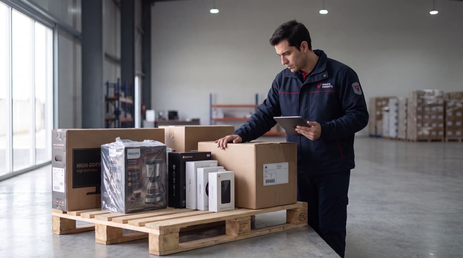 Colaborador de Grupo Versátil revisando mercadería en tarima dentro de una bodega logística