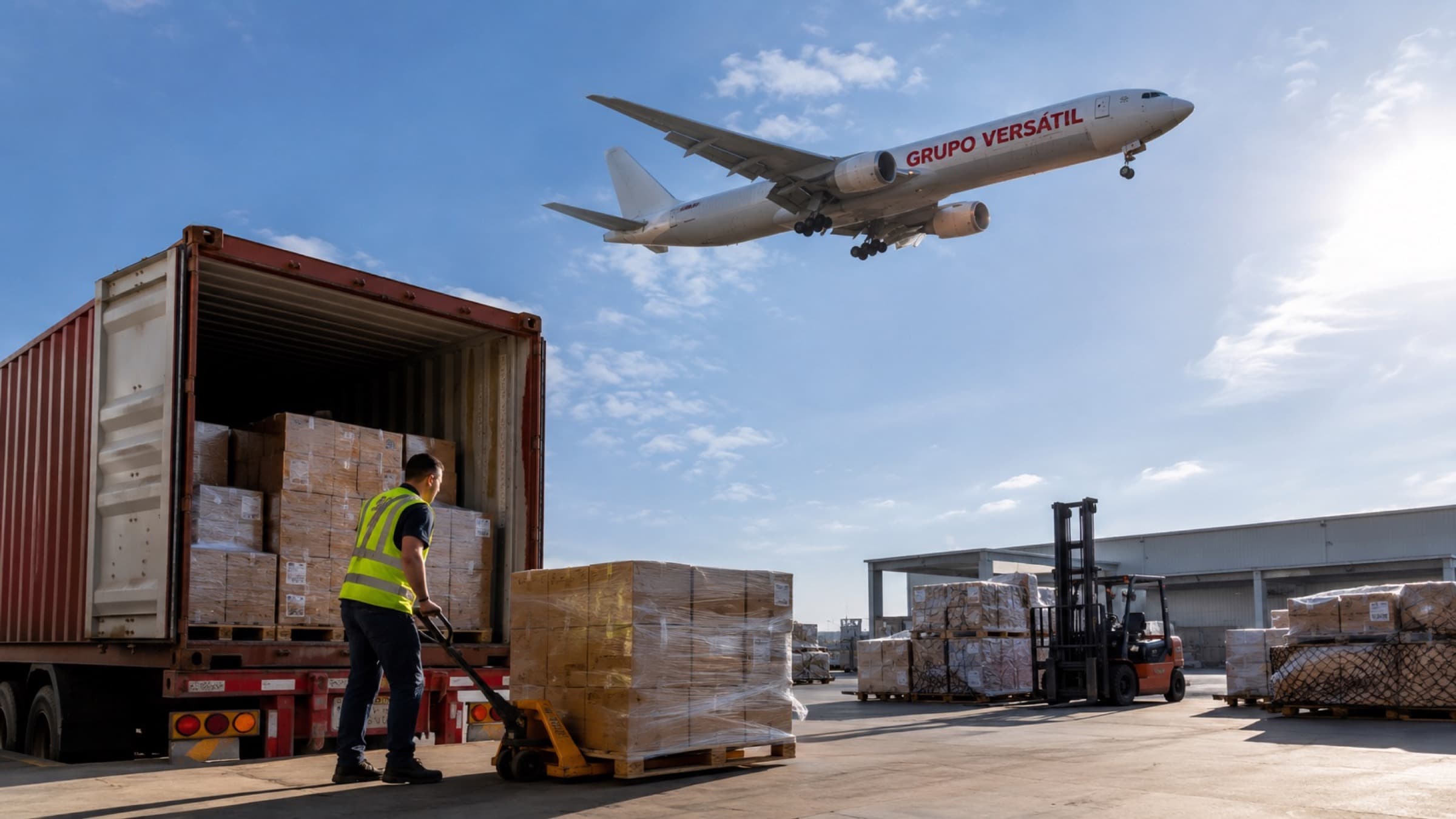 Operario de Grupo Versátil descargando tarimas de un contenedor mientras un avión de carga sobrevuela la terminal